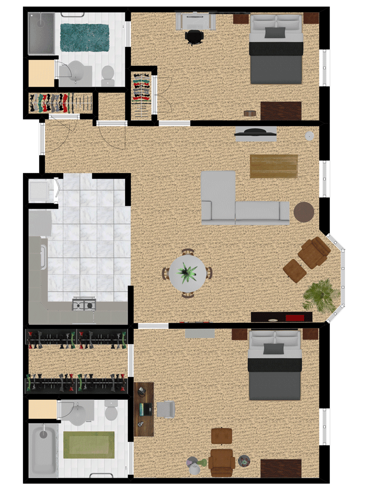 A detailed floor plan of an apartment showing the living room, kitchen, bedroom, and bathroom.