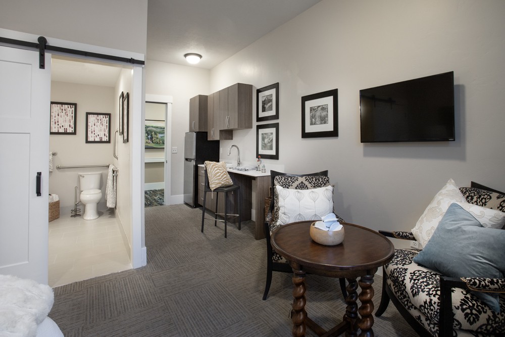 A modern living area with a kitchenette, stylish furniture, and wall-mounted artwork.