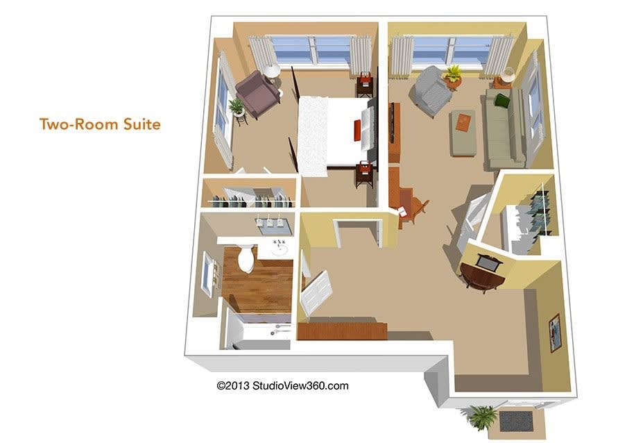 A 3D floor plan of a one-bedroom suite, showcasing a bedroom, living area, and bathroom.