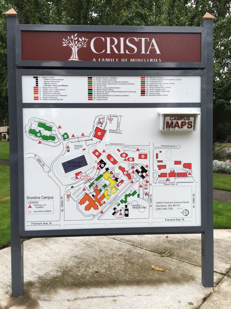 A campus directory map displayed on an outdoor information board for CRISTA.