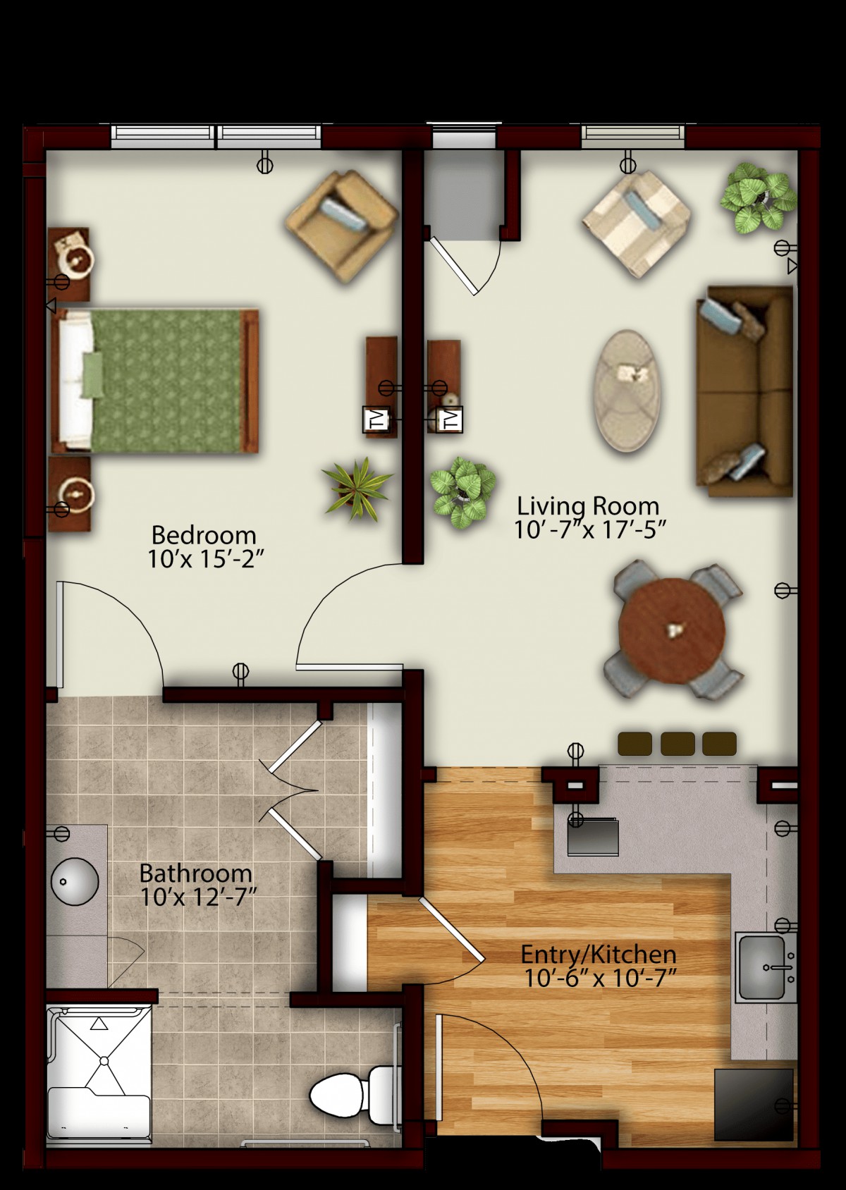 An apartment floor plan showing the bedroom, living room, kitchen, and bathroom layouts.