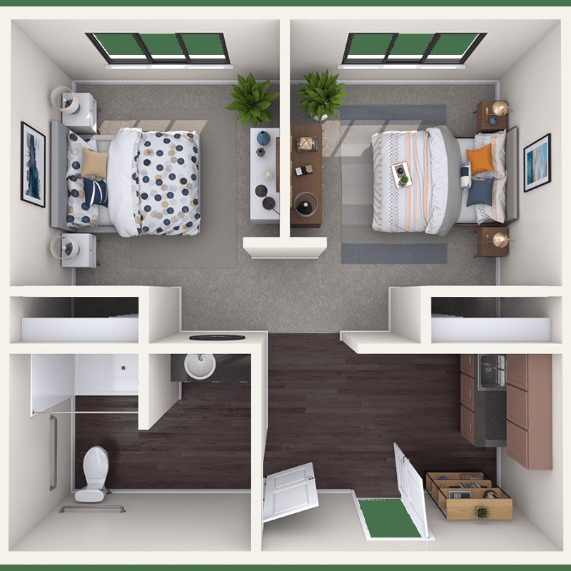 A compact apartment floor plan featuring two bedrooms, a bathroom, and a kitchenette.