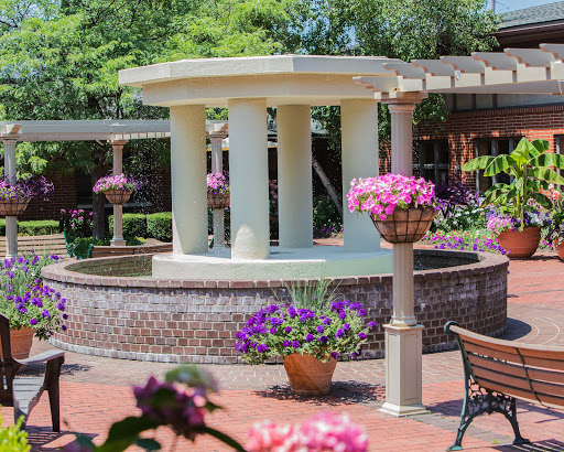 A serene garden featuring a beautiful fountain surrounded by vibrant flowers.