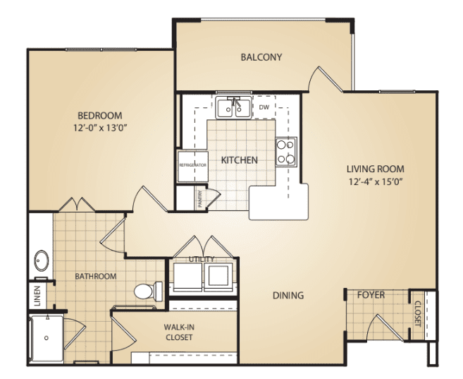 A floor plan of an apartment featuring a bedroom, kitchen, living room, balcony, and dining area.