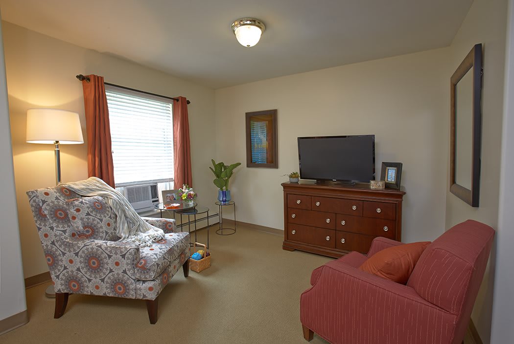 A cozy living room with a TV, sofa, armchair, and window.