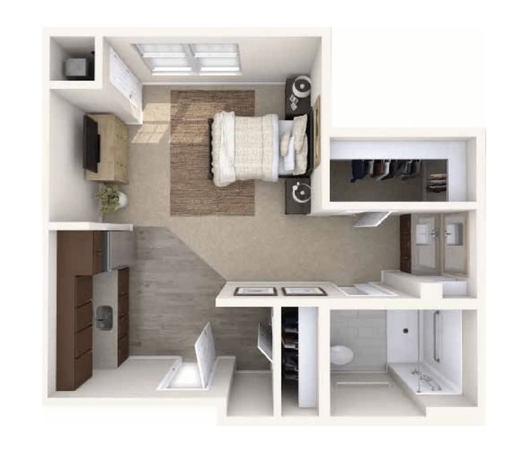 A 3D floor plan of a one-bedroom apartment with a compact layout.