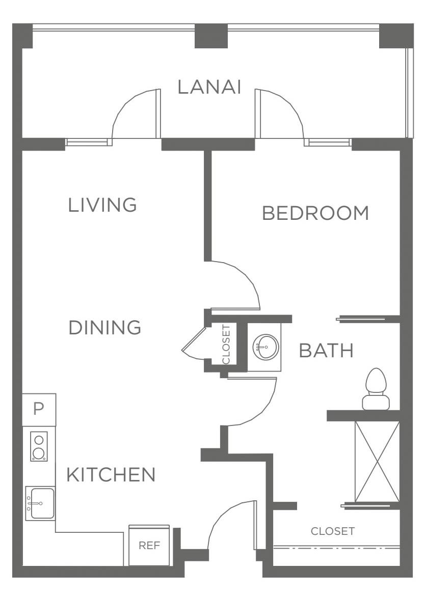 A floor plan of a one-bedroom apartment with living room, dining area, kitchen, bathroom, and lanai.