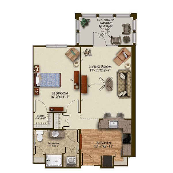 A floor plan of a one-bedroom apartment featuring a living room, kitchen, bathroom, and balcony.
