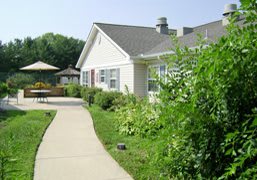 A serene pathway leading to a house surrounded by lush greenery.