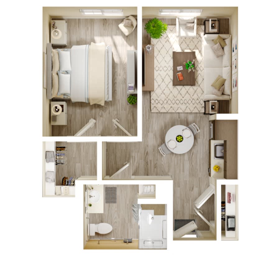 An aerial view of a cozy apartment floor plan featuring a bedroom, living room, kitchen, and bathroom.