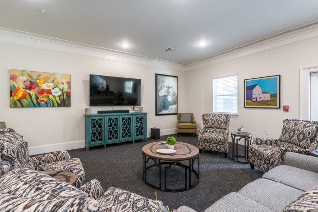 A cozy living room featuring a television, patterned chairs, and vibrant artwork on the walls.