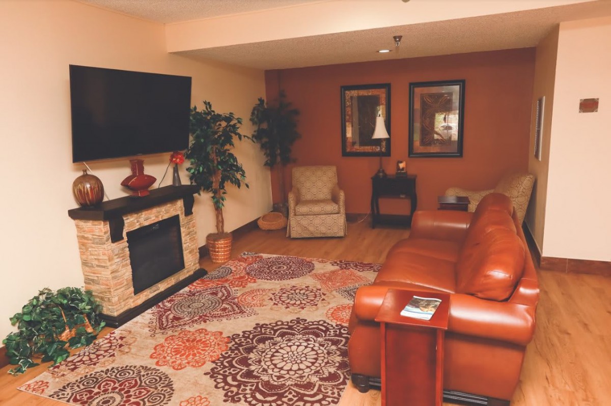 Cozy living room with a leather sofa, fireplace, and decorative rug.