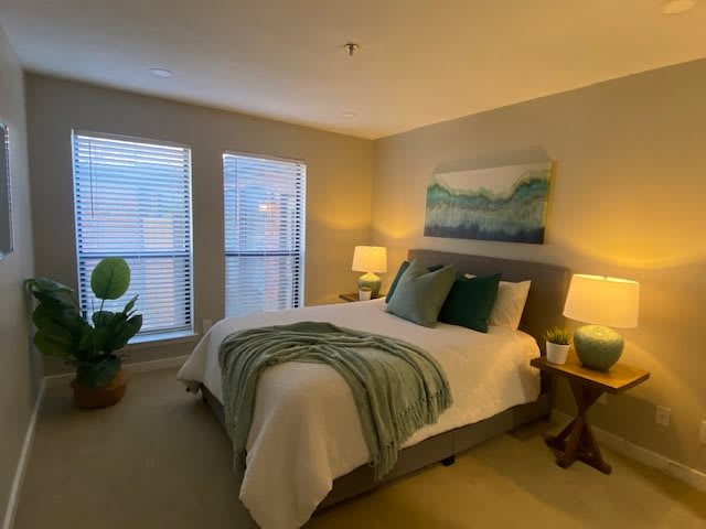 A cozy bedroom featuring a well-made bed, soft lighting, and tasteful decor.