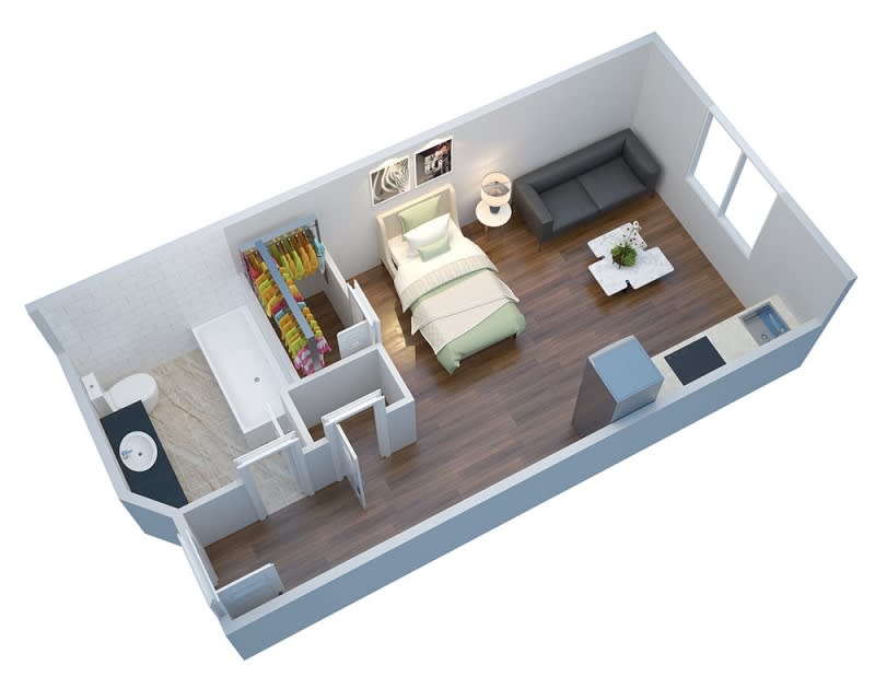 A 3D floor plan of a compact studio apartment featuring a bedroom, living area, and kitchenette.