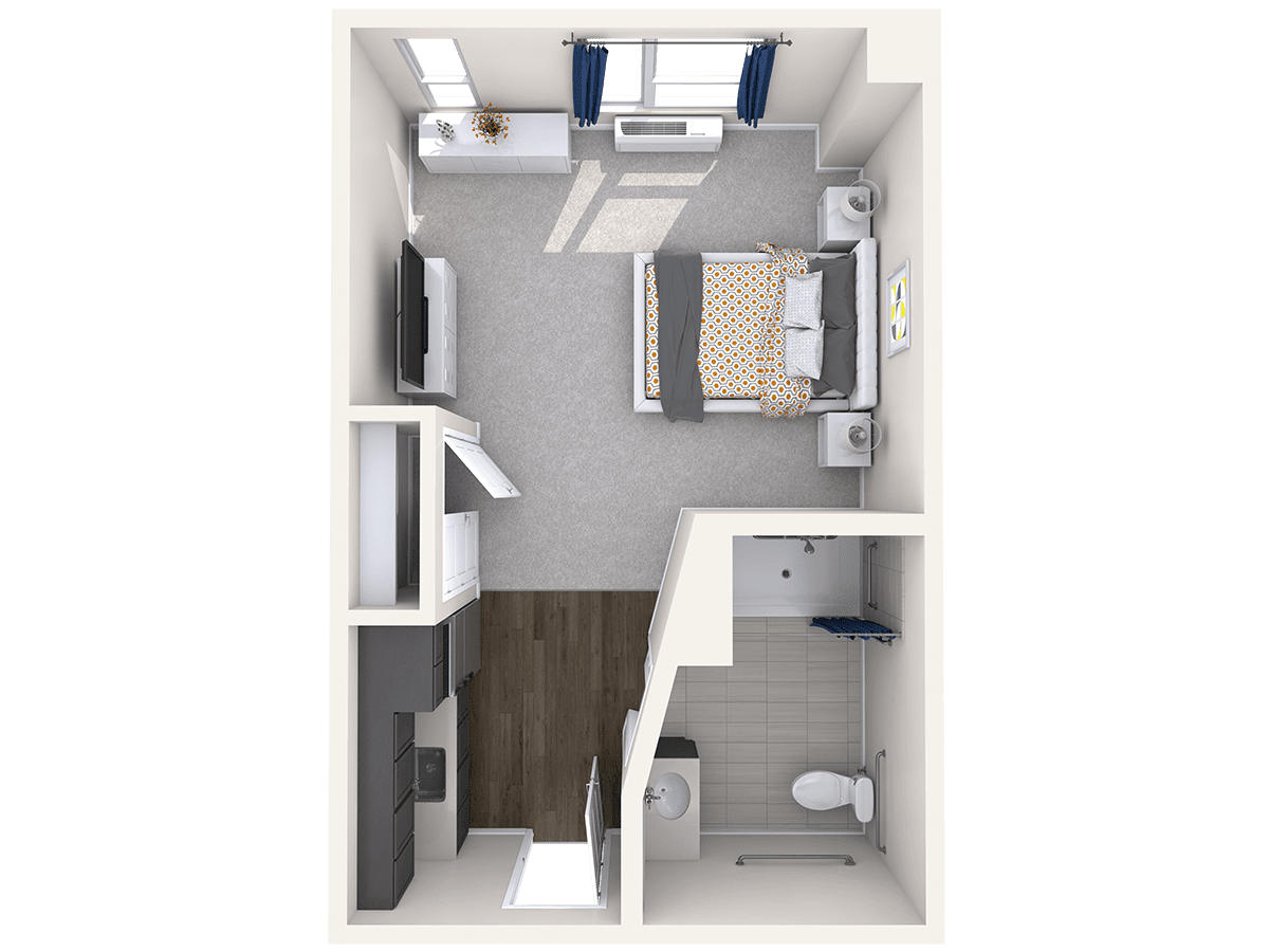A 3D floor plan of a small apartment featuring a bedroom, bathroom, and living area.