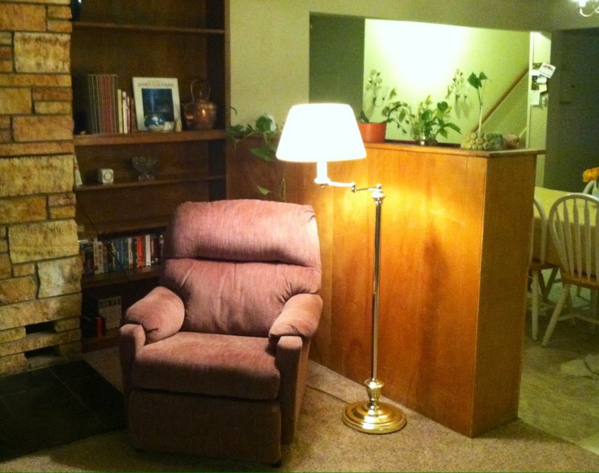 A cozy living room corner with an armchair, floor lamp, and bookshelf.