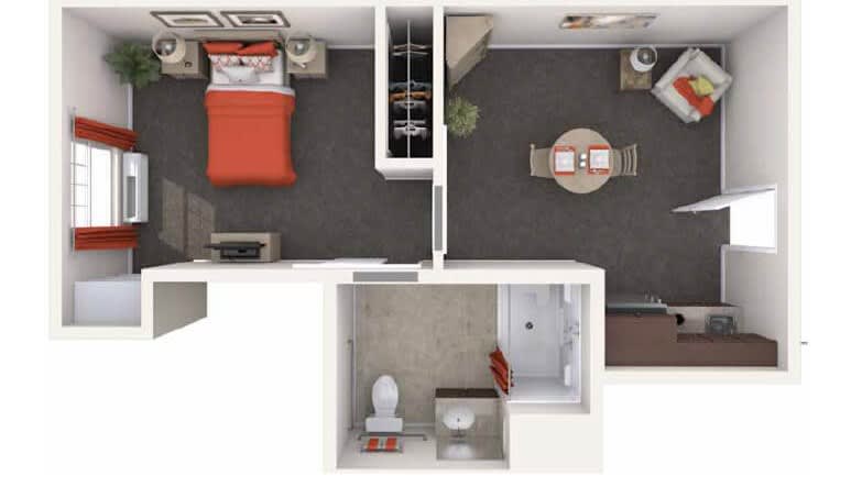 A top-down view of a one-bedroom apartment floor plan featuring a bedroom, bathroom, and living/dining area.