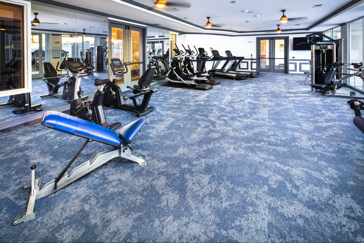 A modern gym with various exercise equipment including treadmills and stationary bikes.