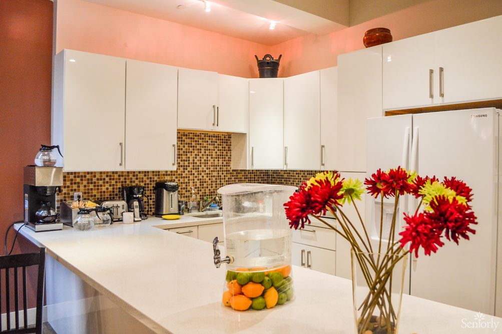 Modern kitchen with white cabinets and stylish decor.