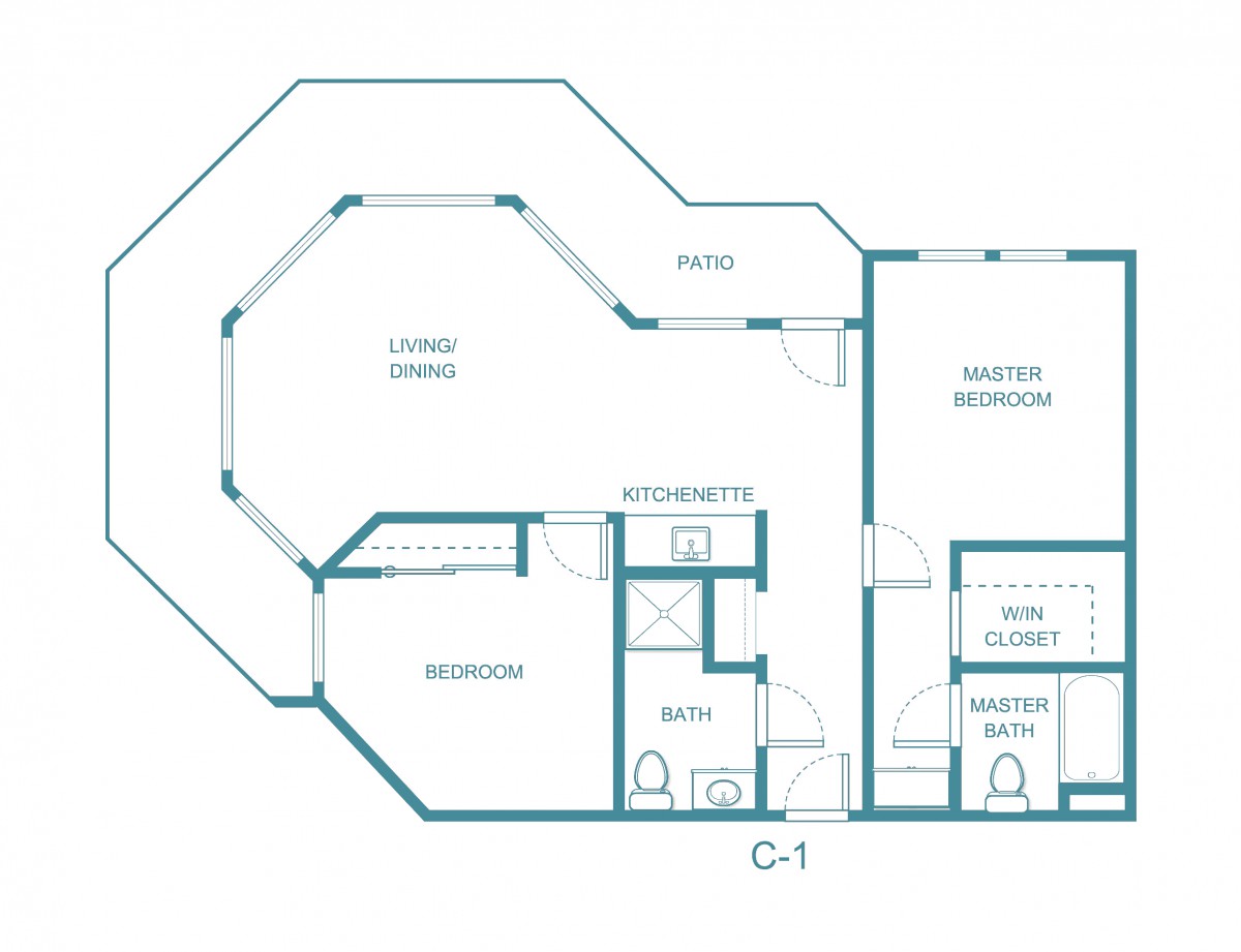 This image shows a floor plan of an apartment with designated spaces for the living room, master bedroom, kitchen, bathroom, and closets.