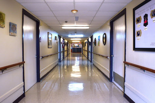 A quiet hallway with doors on either side, illuminated by overhead lights.