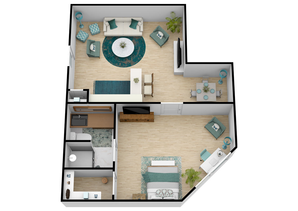 3D rendering of a one-bedroom apartment floor plan.