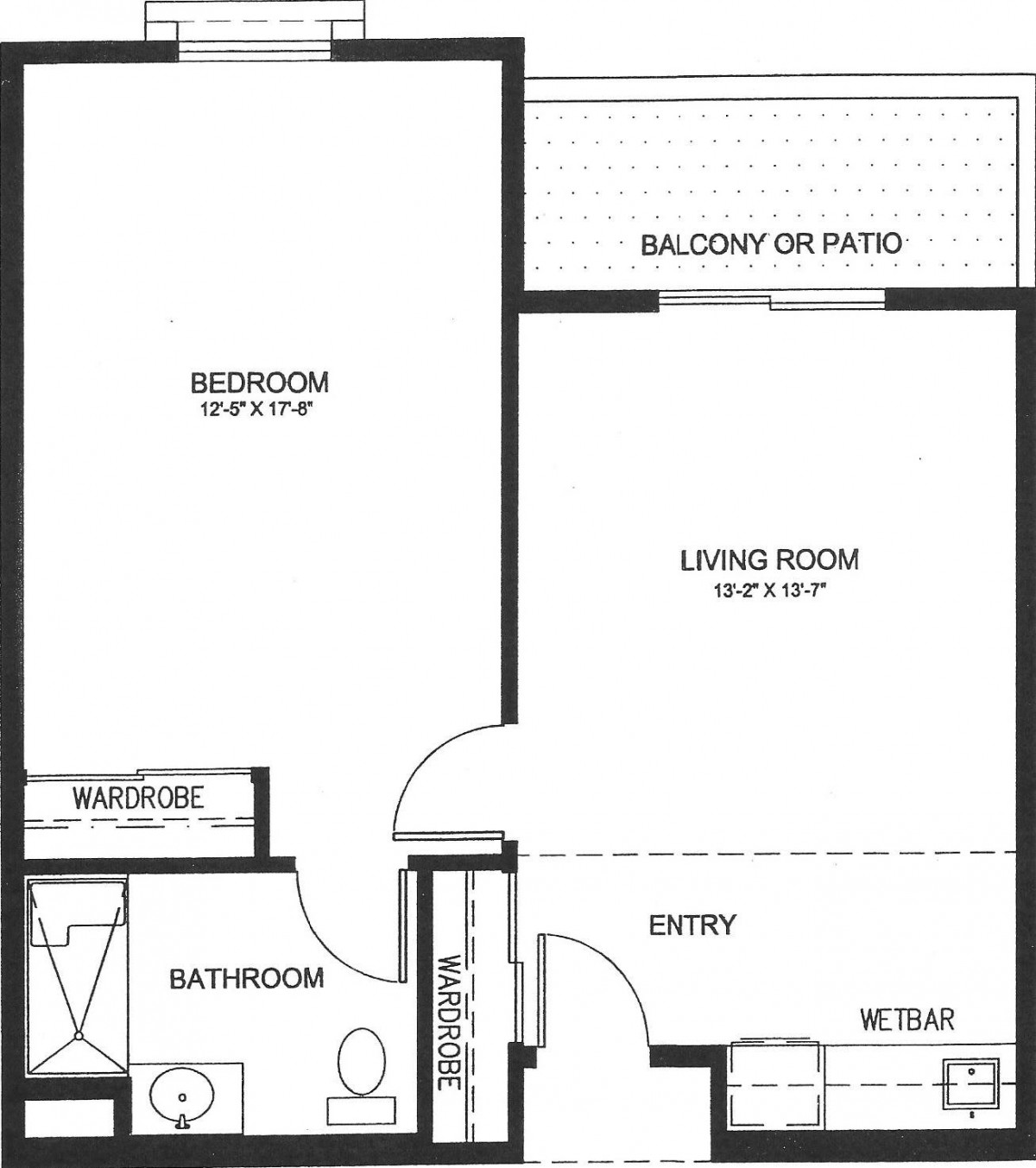 A floor plan of a one-bedroom apartment including a living room, kitchen, bathroom, and balcony.