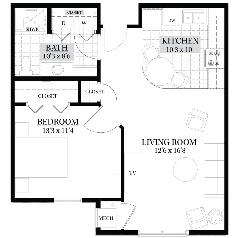 A floor plan of a one-bedroom apartment featuring a living room, kitchen, bathroom, and closet.