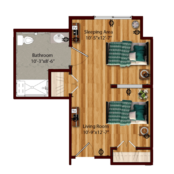 A floor plan showing a layout with a living area, two beds, and a bathroom.