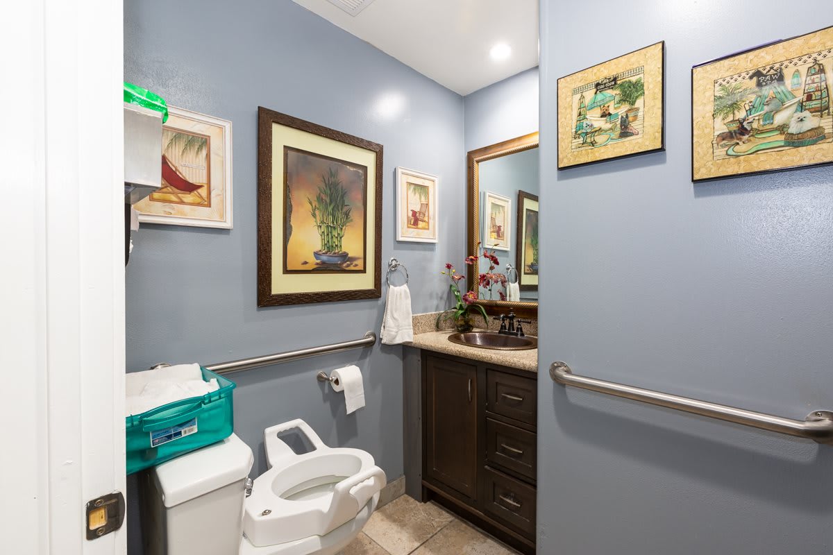 A modern bathroom with decorative artwork, featuring a sink, toilet, and mirror.
