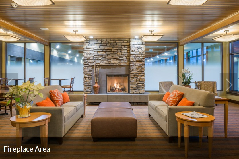 A cozy and modern living room with a central fireplace and comfortable seating.