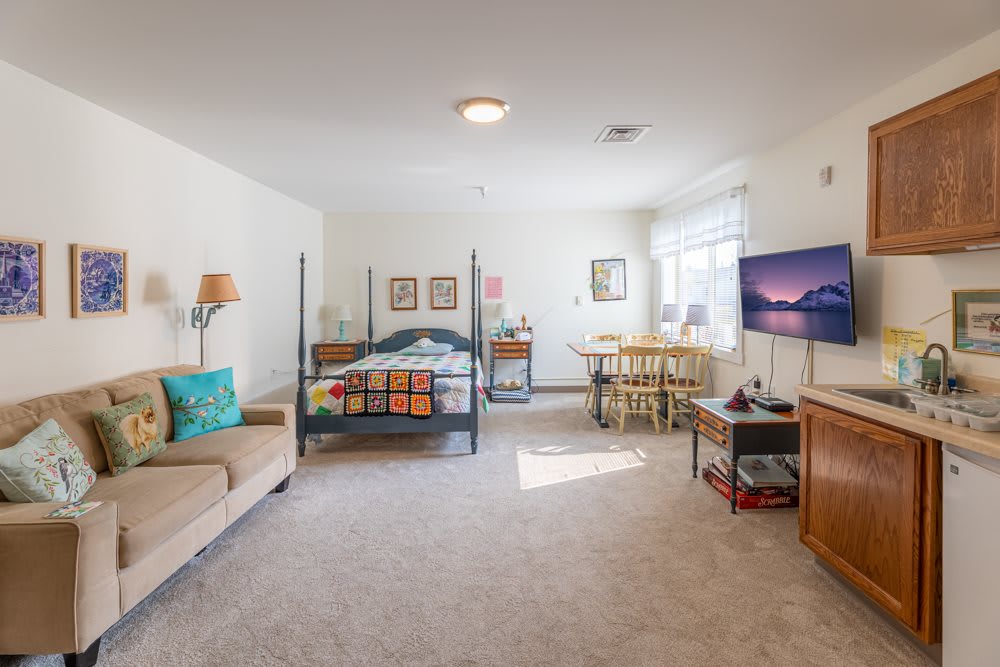 A spacious bedroom with a bed, sofa, television, and large windows.