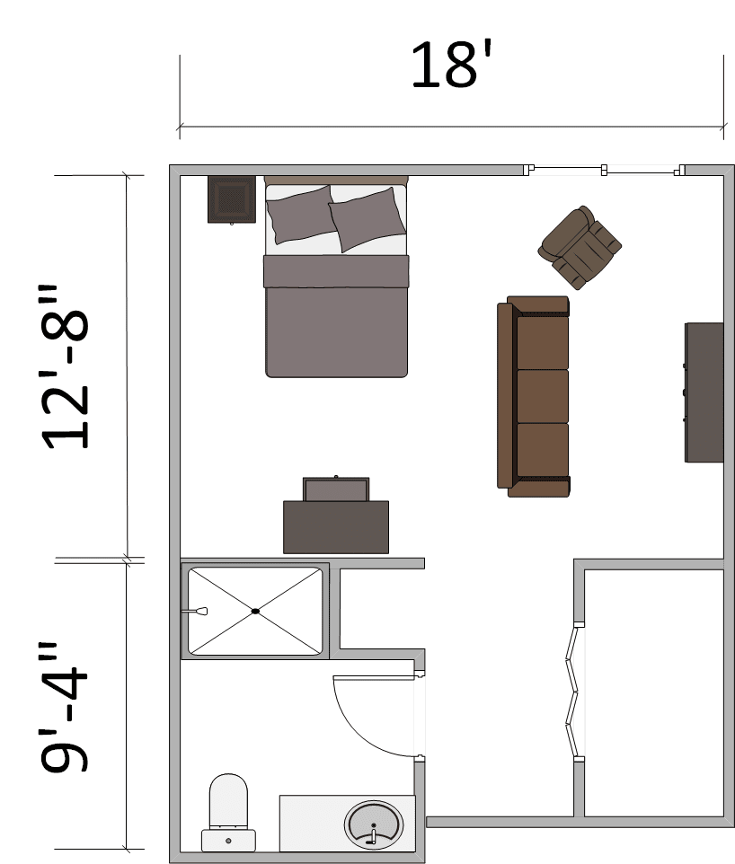A floor plan of a bedroom showing furniture arrangement.