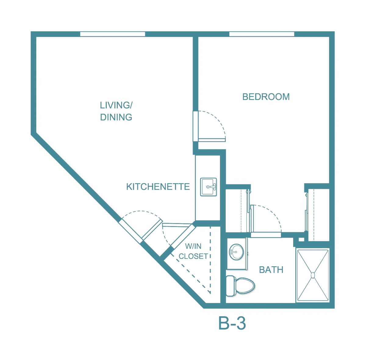 A floor plan of a studio apartment with designated areas for a living room, kitchenette, bedspace, and bathroom.