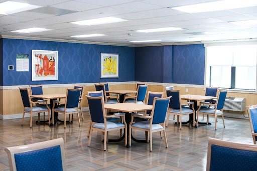 A modern dining area featuring wooden tables and blue chairs with colorful artwork on the walls.