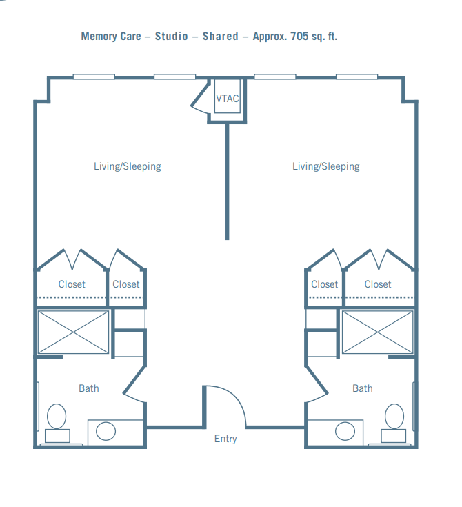 Floor plan of a shared apartment featuring two bedrooms and bathrooms.