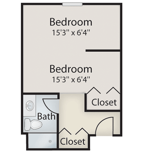 A floor plan showing a layout of two bedrooms, a bathroom, and closets.