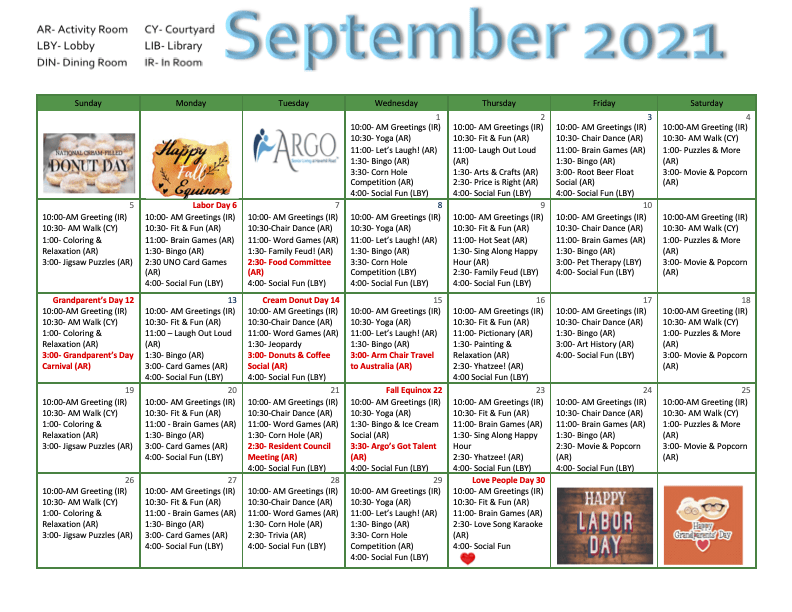 September 2023 calendar featuring community events and activities.