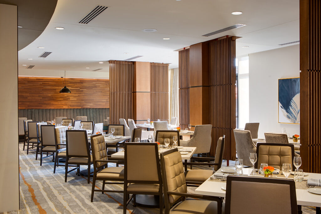 Modern restaurant dining area with neatly arranged tables and chairs.
