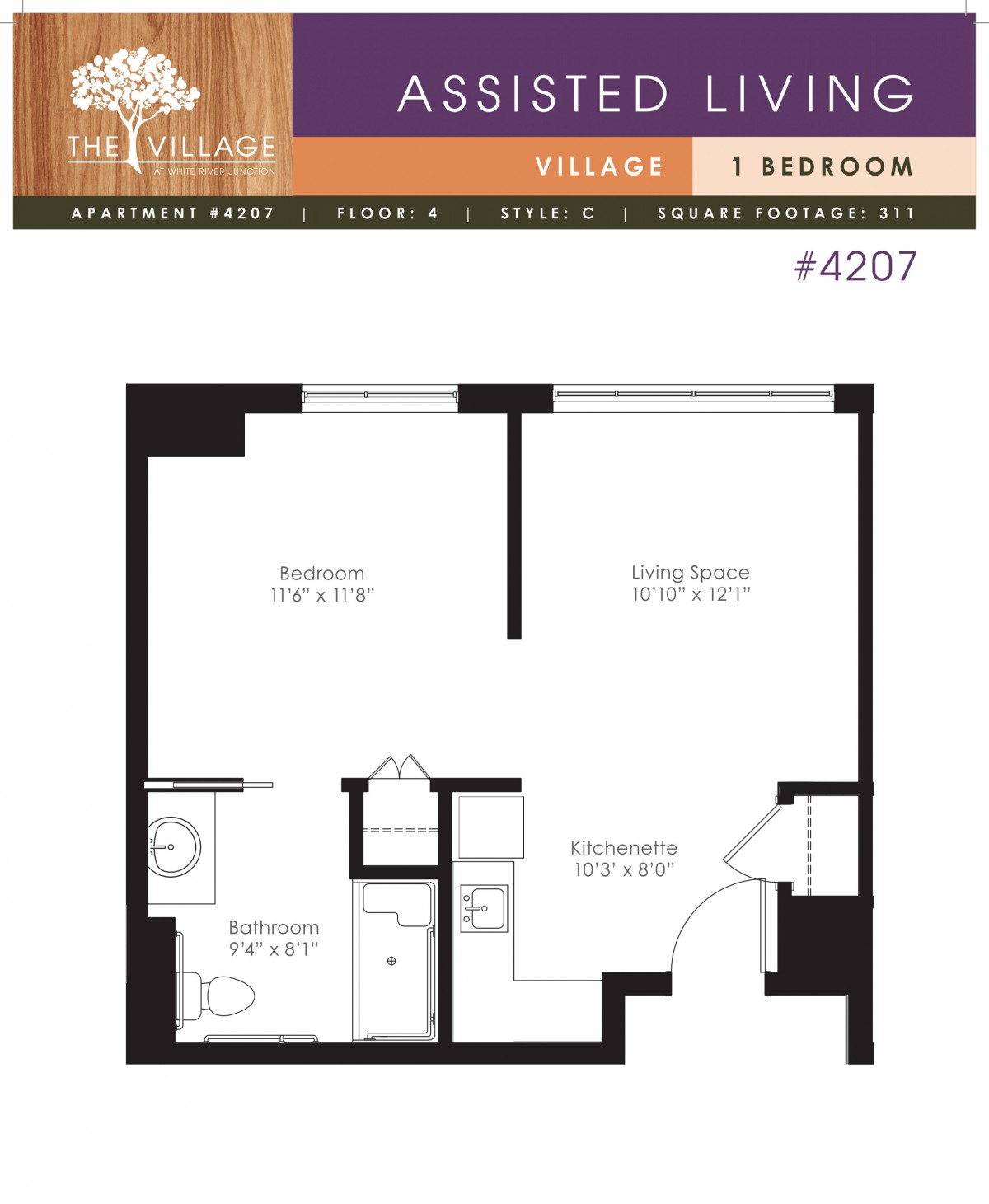 Floor plan of a 1-bedroom apartment with specified dimensions.