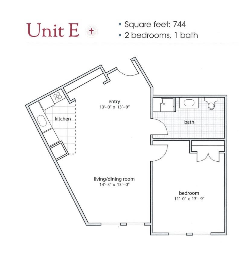 Floor plan of Unit E, featuring 2 bedrooms and 1 bath in a 744 square foot area.
