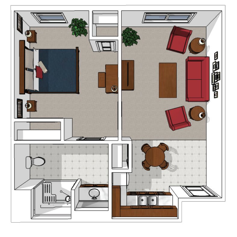 A floor plan of a one-bedroom apartment featuring a living room, kitchen, and bathroom.