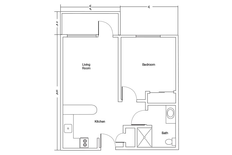 A floor plan of a one-bedroom apartment showing the layout of rooms including a kitchen, living room, bedroom, and bathroom.