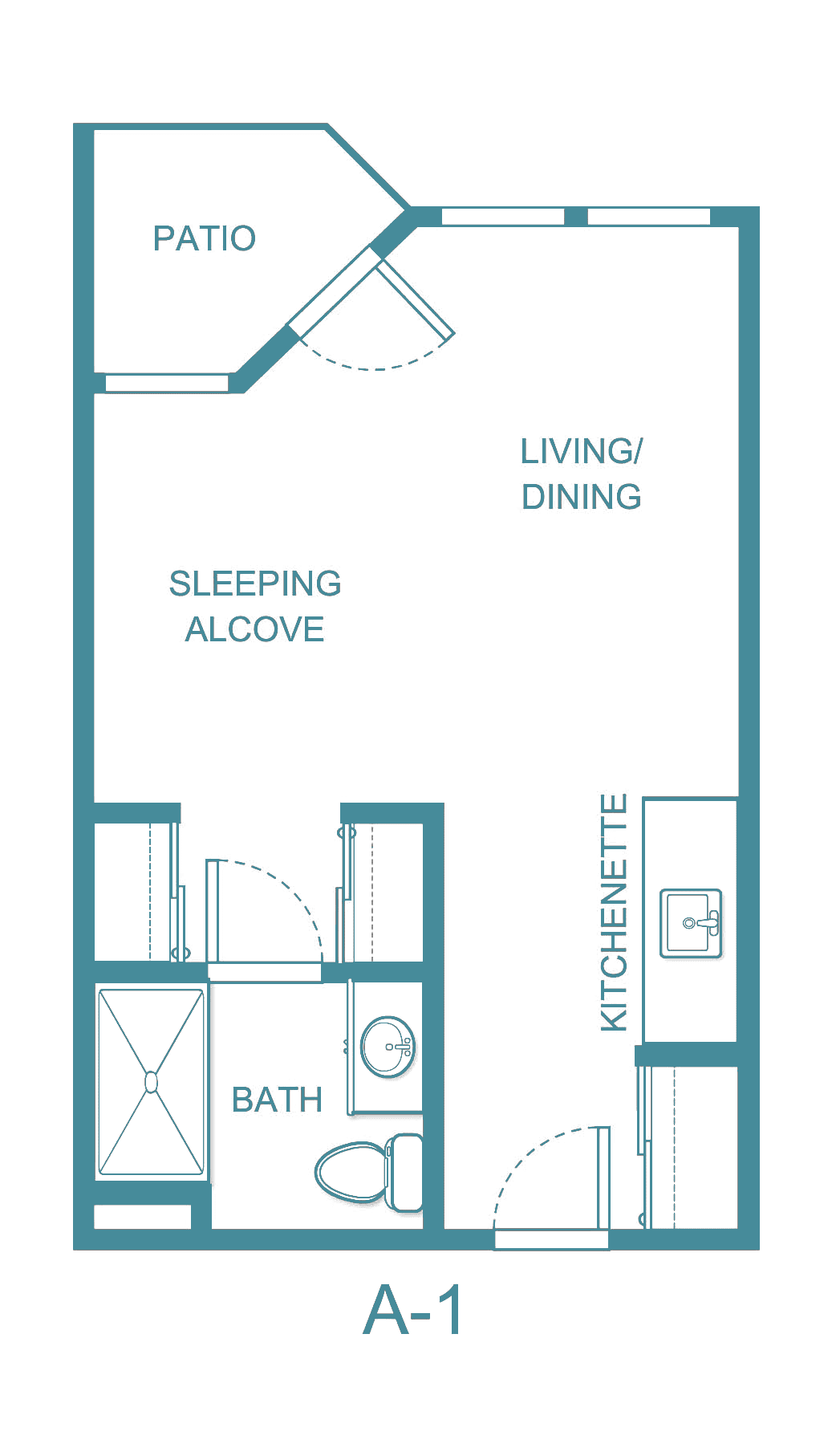A floor plan of a studio apartment featuring a sleeping alcove, living/dining area, kitchenette, and bathroom.
