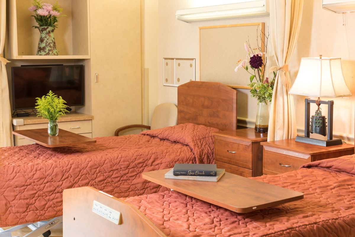 A hospital room with two beds, a TV, and flowers on the bedside table.