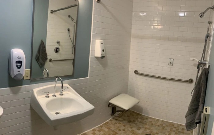 An accessible bathroom with a sink, mirror, grab bars, and a folding seat.