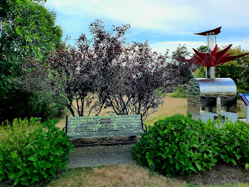A serene garden scene featuring a bench surrounded by flowering trees and lush greenery.