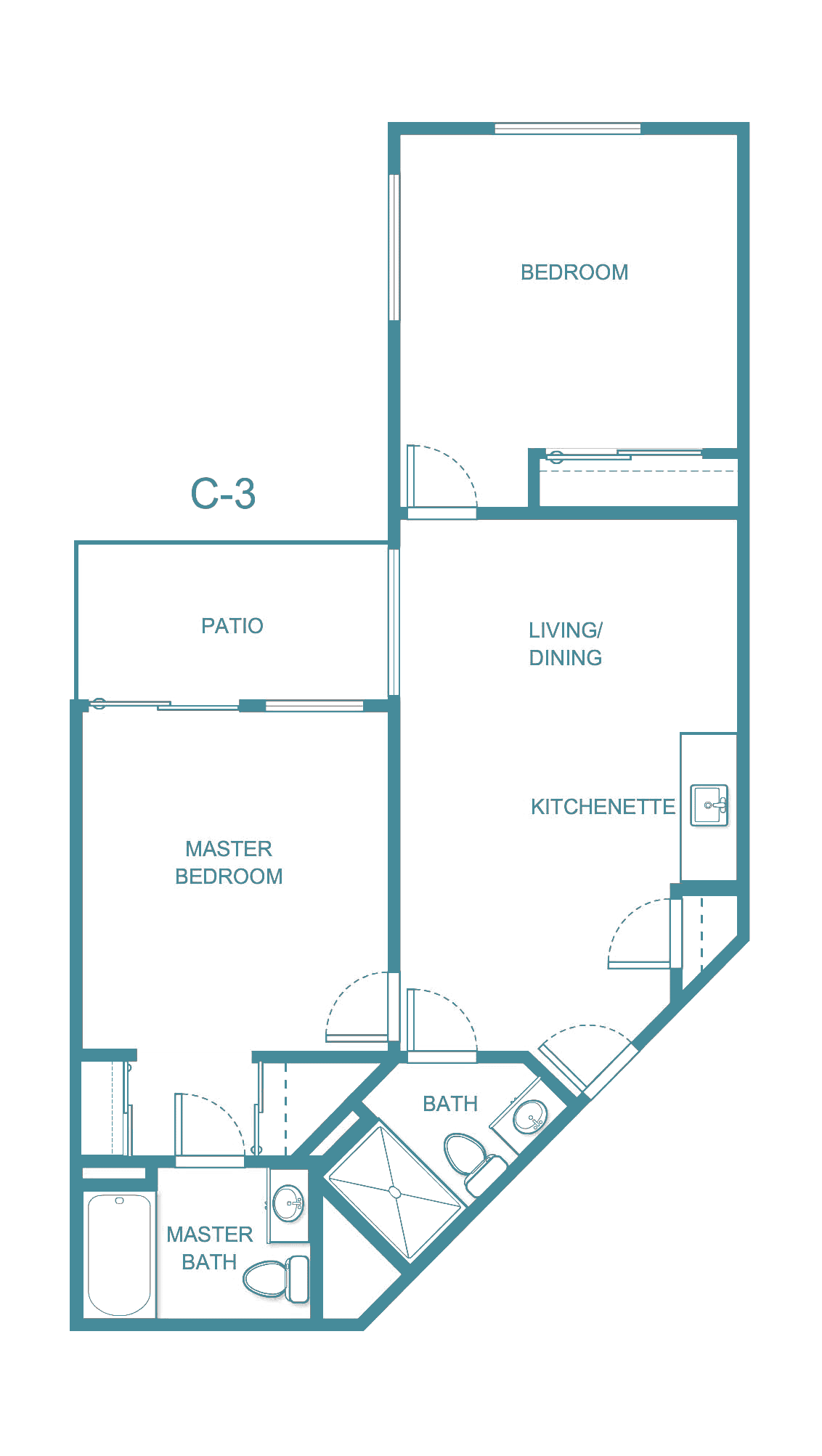 Blueprint of a one-bedroom apartment with kitchen, living/dining area, and patio.