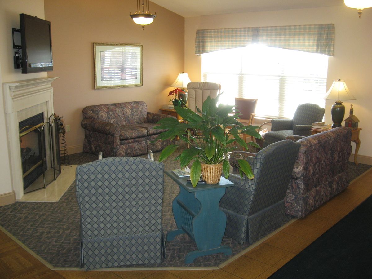 A cozy living room with sofas, chairs, a table adorned with a plant, and large windows letting in natural light.