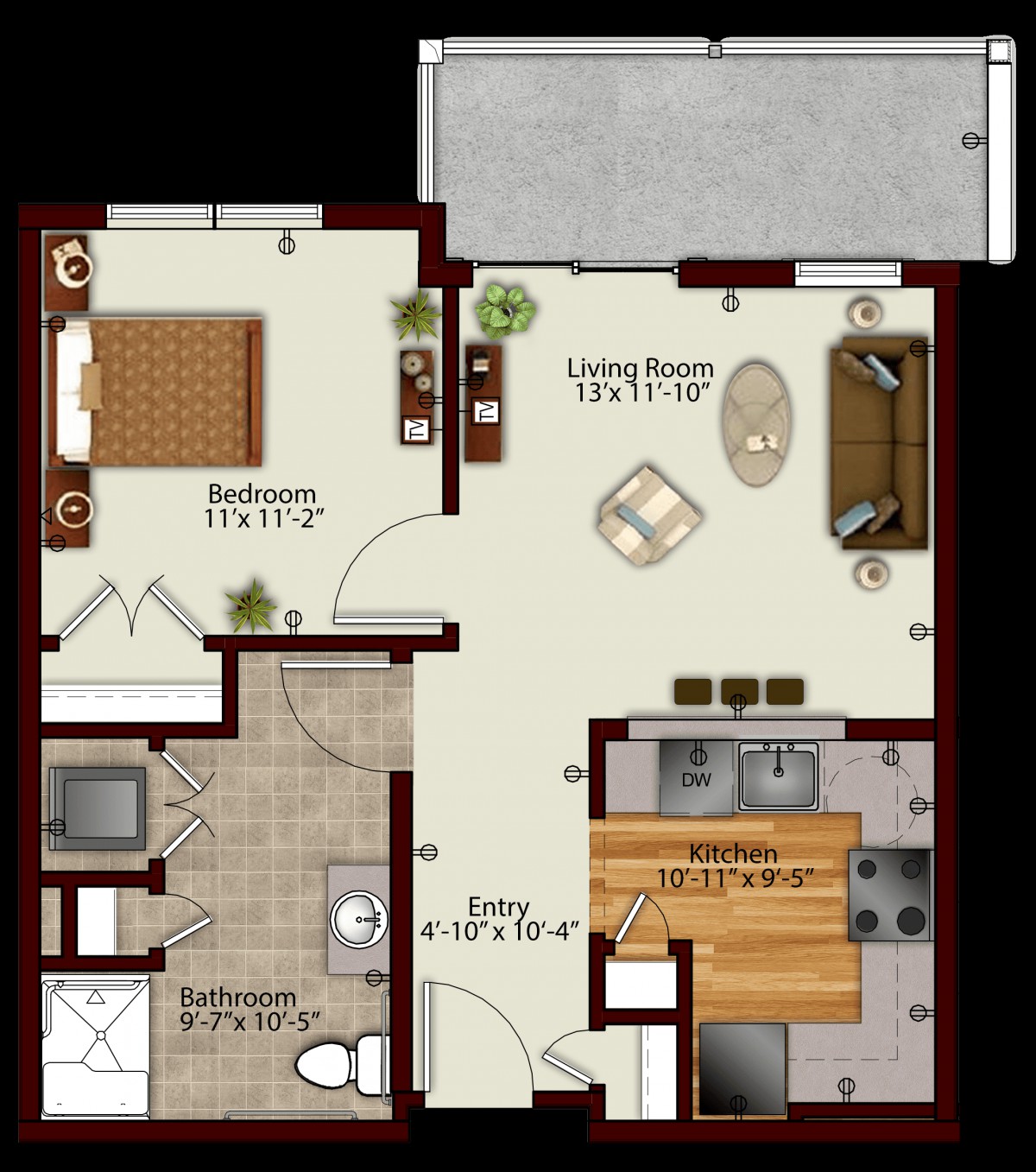 A detailed floor plan of a one-bedroom apartment including a living room, kitchen, bathroom, and balcony.